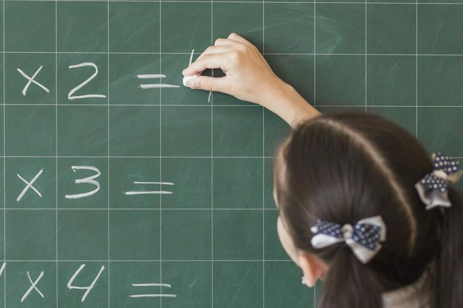 Imagem de Freepik mostra garota escrevendo cálculos matemáticos no quadro negro