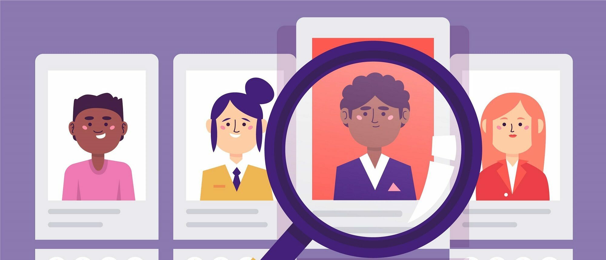 Imagem de Freepik mostra animação de fundo roxo com currículo de 4 pessoas